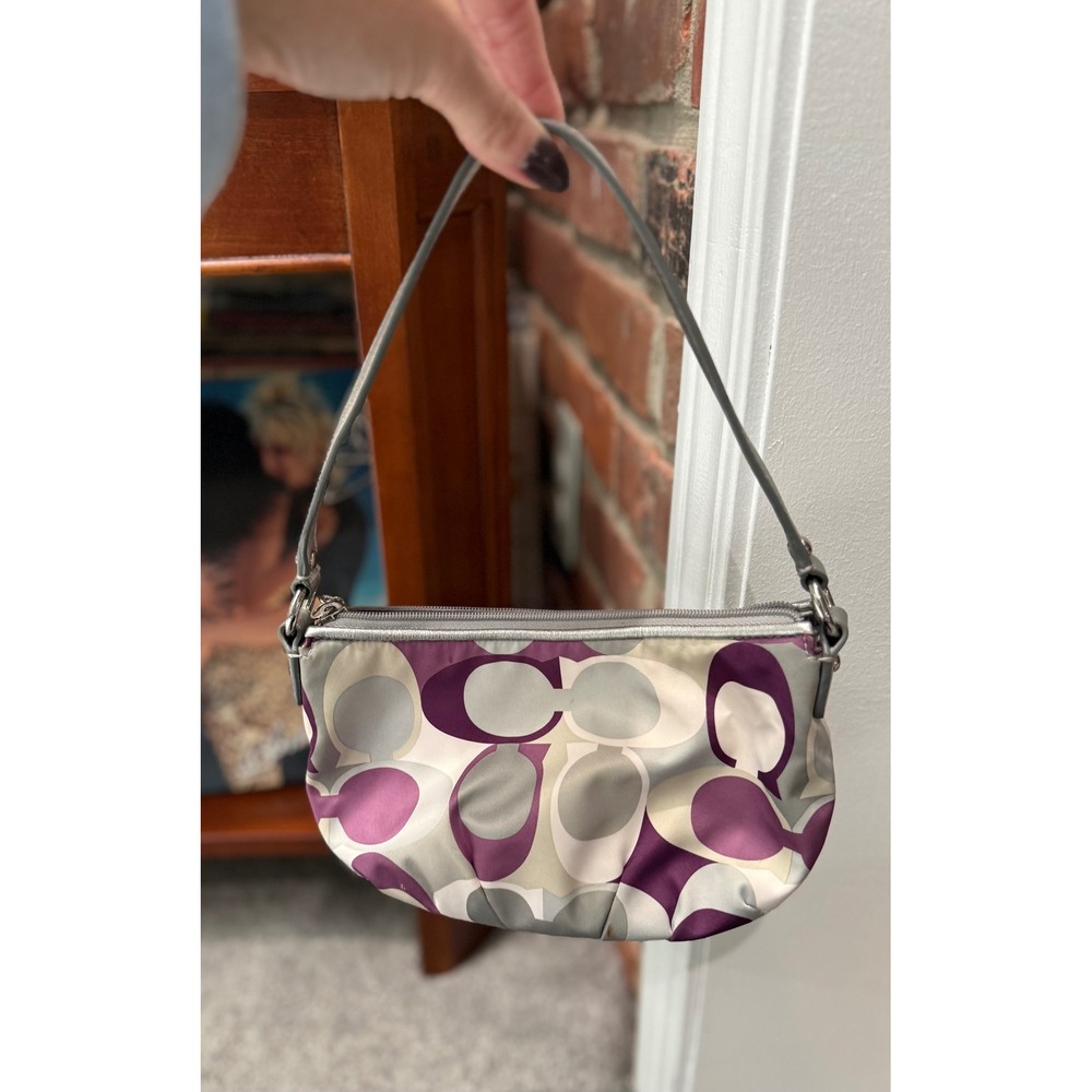 Coach Optic Signature C Small Shoulder Bag Purple Grey Metallic Silver Trim